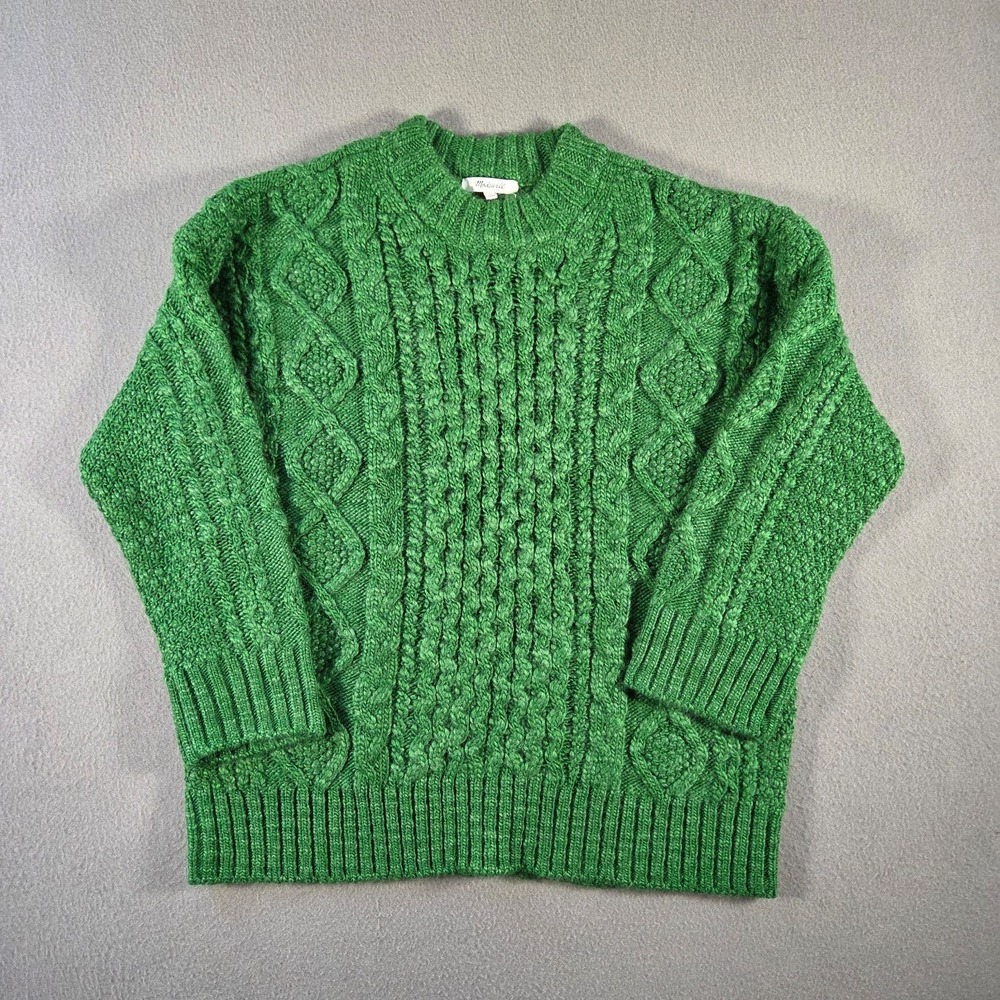 Madewell Sweater Womens Small Green Wool Blend Chunky Cable Knit Fisherman